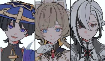 1boy 2girls arlecchino_(genshin_impact) armpit_crease asymmetrical_bangs bangs_pinned_back black_bodysuit black_collar black_eyes black_hair blue_eyes blunt_bangs blunt_ends bodysuit brown_hair cape closed_mouth collar commentary_request curtained_hair detached_collar earrings empty_eyes formal_clothes gem genshin_impact gloves gold grey_trim hage_80 hair_between_eyes half_gloves hand_up hat head_tilt highres jacket japanese_clothes jewelry jingasa kimono light_smile looking_at_viewer mandarin_collar multicolored_hair multiple_girls open_mouth purple_cape purple_eyes purple_hat red_gemstone red_pupils sandrone_(genshin_impact) scaramouche_(genshin_impact) shirt short_hair short_hair_with_long_locks shoulder_peek sidelocks single_hair_intake sketch smile split_mouth streaked_hair suit suit_jacket swept_bangs symbol-shaped_pupils twitter_username undershirt wanderer_(genshin_impact) white_gloves white_hair white_headdress white_jacket white_kimono white_shirt white_suit wispy_bangs x-shaped_pupils