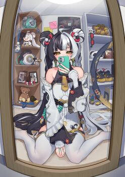 1girl absurdres ahoge animal_print aqua_nails bare_shoulders bear_print black_hair black_shoes braid braided_twintails cellphone chakram character_doll china_dress chinese_clothes collarbone commentary_request corded_phone dialyn_(zenless_zone_zero) doll double_bun dress earrings figure hair_bun hair_extensions hair_ornament hairclip highres holding holding_phone jewelry long_hair mirror mirror_selfie multicolored_hair multicolored_nails necktie panda_hair_ornament panda_print pelvic_curtain phone red_nails reflection reflection_focus ring_hair_extensions selfie shelf shoes shumai_il sitting smartphone solo sparkling_eyes split-color_hair sticky_note stuffed_animal stuffed_toy teddy_bear thighhighs unworn_shoes wariza weapon white_dress white_hair white_thighhighs yellow_eyes yellow_necktie zenless_zone_zero