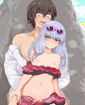 1boy 1girl absurdres agria_(midsummer_girl)_(tales) agria_(tales) assertive_female beach bikini bikini_bottom_pull bikini_top_pull blunt_bangs blush breasts brown_eyes brown_hair censored commission freckles frilled_bikini frills hair_rings hetero highres jude_mathis jude_mathis_(swimsuit) long_hair looking_at_viewer mosaic_censoring naughty_face navel nipples official_alternate_costume outdoors public_indecency purple-framed_eyewear purple_eyes red_bikini sex sex_from_behind shimura_(hosshi) short_hair sky small_breasts smile smug standing standing_sex stealth_sex steam sunglasses sweat swimsuit tales_of_(series) tales_of_asteria tales_of_the_rays tales_of_xillia teasing vaginal water white_hair wide-eyed