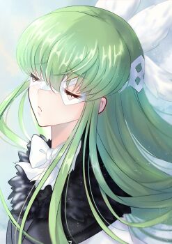 1girl absurdres black_fur bow budgiepon c.c. closed_eyes coat code_geass columbina_(genshin_impact) columbina_(genshin_impact)_(cosplay) commentary cosplay expressionless eye_mask eyelashes fur-trimmed_coat fur_trim genshin_impact green_hair hair_between_eyes hair_spread_out head_wings highres long_hair mask parted_lips solo straight_hair upper_body very_long_hair white_bow white_mask wings