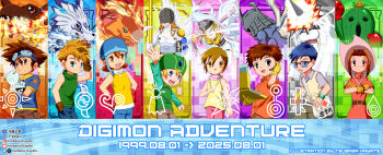 4girls 6+boys angemon angewomon birdramon brown_gloves child crests_(digimon) crossed_arms digimon digimon_(creature) digimon_adventure garurumon glasses gloves greymon happy hat highres ikkakumon ishida_yamato izumi_koshiro kabuterimon kido_jo looking_at_viewer multiple_boys multiple_girls open_mouth pixiv_user_(2128543) red_gloves smile tachikawa_mimi takaishi_takeru takenouchi_sora togemon yagami_hikari yagami_taichi