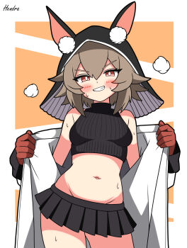 1girl absurdres animal_ears arknights artist_name bare_shoulders black_outline black_skirt blush border breasts bright_pupils brown_hair caper_(arknights) commentary contrapposto cowboy_shot crop_top cropped_sweater gloves grin groin hair_between_eyes hendra highres looking_at_viewer microskirt navel orange_eyes orange_gloves outline outside_border pleated_skirt ribbed_sweater short_hair signature skirt sleeveless sleeveless_sweater small_breasts smile solo standing steaming_body sweat sweater turtleneck turtleneck_sweater white_border white_pupils yellow_background