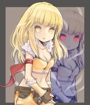 1girl armband bio_lab black_shirt blonde_hair blunt_bangs breasts brown_background brown_gloves brown_shorts cecil_damon cleavage closed_mouth commentary_request cowboy_shot crop_top expressionless fingerless_gloves fur-trimmed_gloves fur-trimmed_shirt fur_trim gloves long_hair looking_at_viewer medium_breasts midriff multiple_views navel ragnarok_online red_eyes shinonome_moegi shirt shorts sleeveless sleeveless_shirt sniper_(ragnarok_online) two-tone_gloves two-tone_shirt two-tone_shorts yellow_eyes yellow_gloves yellow_shirt yellow_shorts