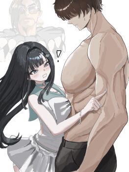 ! 1girl 2boys abs brown_hair choker commander_(nikke) commentary_request dress faceless faceless_male goddess_of_victory:_nikke green_eyes hair_ornament hairclip highres long_hair mejiro_karasu mint_(nikke) multiple_boys muscle_awe muscular mustang_(nikke) poking simple_background white_background white_dress