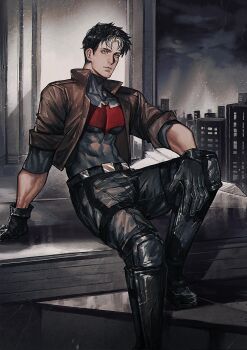 1boy bat_signal batman_(series) batman_symbol black_bodysuit black_gloves black_hair blue_eyes bodysuit brown_jacket dc_comics gloves grey_bodysuit highres jacket jason_todd male_focus multicolored_bodysuit muscular muscular_male open_clothes pants red_hood_(dc) red_hood_and_the_outlaws rfnyn17381 short_hair superhero_costume taut_bodysuit two-tone_bodysuit
