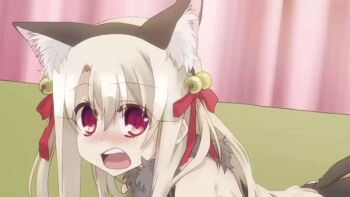 1girl all_fours animal_ears animated animated_gif anime_screenshot arm_ribbon ass bare_shoulders blush cat_ears cat_girl cat_tail center_opening clothing_cutout couch elbow_gloves embarrassed fate/kaleid_liner_prisma_illya fate_(series) fur_collar fur_trim gloves illyasviel_von_einzbern illyasviel_von_einzbern_(beast_style) leg_ribbon loli long_hair long_sidelocks looking_at_viewer navel_cutout open_mouth paw_gloves paw_shoes red_eyes revealing_clothes ribbon sidelocks tail thigh_ribbon thighhighs thighs white_hair