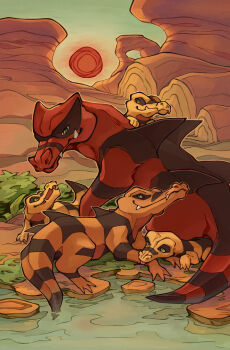 absurdres crocodilian desert evolutionary_line gen_5_pokemon highres krokorok krookodile nintendo no_humans outdoors pokemon pokemon_(creature) red_sun rock sandile trustyalt water