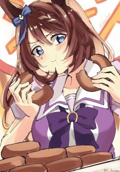 Rule 34 | 1girl, animal ears, blue eyes, blush, bow, bowtie, braid, breasts, brown hair, chikabe, closed mouth, commentary request, donut, eating, food, hair between eyes, holding, holding donut, holding food, horse ears, horse girl, long hair, multicolored hair, puffy short sleeves, puffy sleeves, purple bow, purple bowtie, purple shirt, sailor collar, sailor shirt, school uniform, shirt, short sleeves, solo, streaked hair, super creek (umamusume), tracen school uniform, umamusume, white hair, white sailor collar