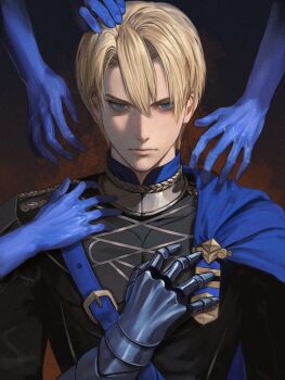 1boy armor armored_gloves blonde_hair blue_cape blue_eyes cape closed_mouth dimitri_alexandre_blaiddyd fire_emblem fire_emblem:_three_houses garreg_mach_monastery_uniform ghost gloves hair_between_eyes highres looking_at_viewer male_focus multiple_others nintendo side_cape solo_focus upper_body wrainbow13