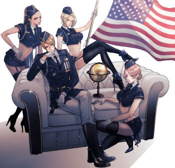 1boy 3girls ahoge aiguillette america_(hetalia) american_flag axis_powers_hetalia belt black-framed_eyewear black_belt black_boots black_hair black_necktie black_shoes black_shorts black_thighhighs blonde_hair blue_eyes blue_hat blue_jacket blue_vest boots breast_pocket breasts buttons closed_mouth collared_shirt commentary_request couch crossed_legs earrings flag full_body garter_straps glasses globus_cruciger gloves gold_earrings gold_trim half-closed_eyes hand_on_own_chin hand_on_own_hip hand_up hat hat_ornament high_heels high_ponytail highres holding holding_flag jacket jewelry lapels large_breasts lips long_hair long_sleeves looking_at_viewer medal midriff military_hat military_jacket military_uniform multiple_girls navel necktie npyon on_couch open_mouth pants pocket ponytail semi-rimless_eyewear shirt shoes short_hair short_shorts short_sleeves shorts simple_background sitting smile sparkle standing star_(symbol) star_hat_ornament star_print striped_clothes striped_shirt tan teeth thighhighs thighs vest white_background white_gloves white_pants white_shirt zipper
