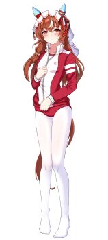 Rule 34 | 1girl, absurdres, animal ears, bails, blush, brown hair, buruma, closed mouth, commentary, ear covers, full body, hair ribbon, highres, horse ears, horse girl, horse tail, jacket, long hair, looking at viewer, multicolored hair, no shoes, pantyhose, red buruma, red eyes, red jacket, red skirt, ribbon, simple background, skirt, solo, standing, still in love (umamusume), streaked hair, tail, tracen training uniform, umamusume, veil, white background, white hair, white pantyhose, white streaks, white veil