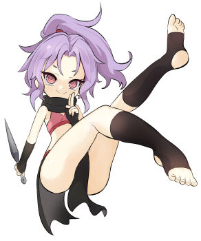 1girl arm_at_side black_scarf black_skirt black_socks closed_mouth cropped_kimono dot_nose eyelashes female_focus full_body hand_up holding_kunai holding_weapon japanese_clothes jumping kimono knee_up kosode kunai kunoichi_tsubaki_no_mune_no_uchi leg_up loli looking_at_viewer medium_hair ninja pelvic_curtain pink_eyes pink_kimono ponytail purple_hair rtari sazanka_(kunoichi_tsubaki_no_mune_no_uchi) scarf simple_background skirt sleeveless sleeveless_kimono smile socks solo stirrup_legwear toeless_legwear toenails toes weapon white_background