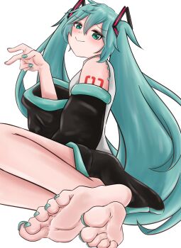 1girl barefoot blue_eyes blue_hair blush feet hatsune_miku highres long_hair looking_at_viewer sei03091 smile soles toes twintails v vocaloid