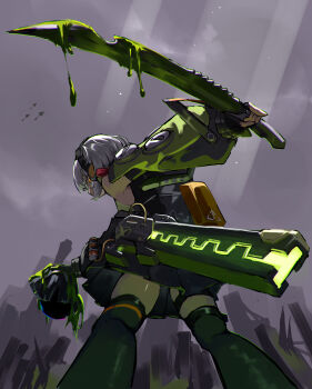 1girl absurdres anby_demara bare_shoulders black_gloves black_thighhighs blood bloody_weapon commentary cowboy_shot ethereal_(zenless_zone_zero) fingerless_gloves from_behind from_below gloves green_jacket green_sleeves grey_hair grey_sky headphones highres holding holding_detached_head holding_sword holding_weapon jacket kraken_bio multicolored_sleeves orange_eyes outdoors severed_head sheath short_hair sky sleeveless sleeveless_jacket solo sword thighhighs weapon zenless_zone_zero