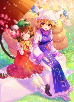 2girls ^_^ animal_ear_fluff animal_ear_headwear animal_ears blonde_hair blue_tabard blurry blurry_foreground blush bow bowtie breasts brown_hair cat_ears cat_girl cat_tail chen cherry_blossoms closed_eyes commentary dango depth_of_field dress fake_animal_ears falling_petals fang food fox_girl fox_tail frilled_hat frills grass green_hat hat kitsune kyuubi l2_5343 long_dress long_sleeves looking_at_another medium_breasts mob_cap multiple_girls multiple_tails outdoors petals petticoat red_dress sanshoku_dango shirt short_hair sitting smile socks tabard tail teeth touhou two_tails upper_teeth_only wagashi white_dress white_hat white_shirt white_socks yakumo_ran yellow_bow yellow_bowtie