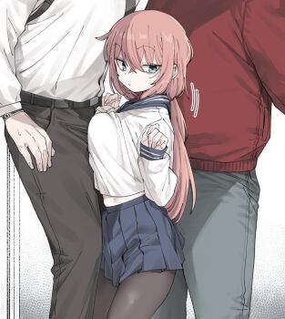 1girl 2boys age_difference bags_under_eyes blue_eyes blue_skirt breasts closed_mouth commentary cowboy_shot crossed_bangs denim frottage hands_up head_out_of_frame height_difference highres jeans large_breasts long_hair long_sleeves low_ponytail michinoku_komaro midriff midriff_peek multiple_boys necktie pale_skin pants pantyhose pink_hair pleated_skirt ponytail red_shirt sailor_collar school_uniform seitokai_ni_mo_ana_wa_aru! serafuku shirt size_difference skirt sleeves_past_wrists solo_focus standing sweatdrop urec white_shirt