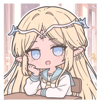 1girl alternate_costume blonde_hair blue_eyes blue_sailor_collar breasts cartethyia_(wuthering_waves) character_name commentary crown_of_thorns earrings futaba_(anti_clockwise) highres jewelry long_hair long_sleeves looking_at_viewer medium_breasts multiple_earrings open_mouth parted_bangs pointy_ears sailor_collar shirt solo symbol-only_commentary tacet_mark_(wuthering_waves) white_shirt wuthering_waves