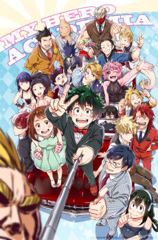 6+boys 6+girls all_might alternate_hairstyle aoyama_yuuga ashido_mina asui_tsuyu bakugou_katsuki blonde_hair blue_hair boku_no_hero_academia brown_hair car copyright_name dress aizawa_shota everyone fingerless_gloves flower formal_clothes gloves green_hair hagakure_toru highres horns iida_tenya jiro_kyoka kaminari_denki kirishima_eijirou kouda_kouji looking_at_viewer lowah mask midoriya_izuku mineta_minoru motor_vehicle multiple_boys multiple_girls necktie off_shoulder ojiro_mashirao open_mouth pants ponytail purple_hair red_eyes red_hair red_suit rose sandals satou_rikidou scar sero_hanta shoes shouji_mezou signature smile sneakers suit tail teeth todoroki_shoto toes tokoyami_fumikage uraraka_ochako yaoyorozu_momo
