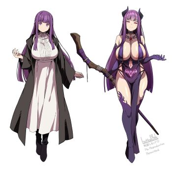 1girl alternate_costume areola_slip batta_16-sei black_coat black_horns breasts coat commentary_request demon_girl dress fern_(sousou_no_frieren) full_body highres holding holding_staff horns large_breasts long_hair looking_at_viewer mage_staff multiple_views purple_eyes purple_hair simple_background smile sousou_no_frieren staff white_background white_dress