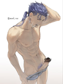 1boy abs arm_up bad_id bad_poipiku_id blue_hair blue_male_underwear blue_pubic_hair censored cigarette colored_pubic_hair cu_chulainn_(fate) cu_chulainn_(lancer)_(fate) earrings erection fate/stay_night fate_(series) gradient_background grey_background hand_in_own_hair highres jewelry long_hair looking_down male_focus male_pubic_hair male_underwear male_underwear_pull mondi_hl muscular muscular_male navel nipples pectorals penis ponytail pubic_hair red_eyes smoke smoking solo topless_male underwear