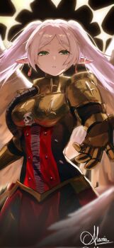 1girl :o alaniz_(lafertealanis) armor earrings frieren halo highres jewelry long_hair open_mouth pointy_ears skull solo sousou_no_frieren warhammer_40k white_hair