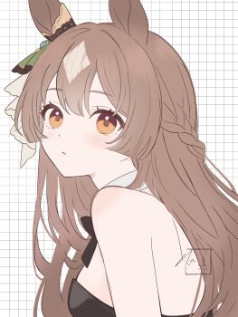 1girl absurdres alternate_costume animal_ears bare_shoulders black_bow black_bowtie black_leotard blush bow bowtie braid breasts brown_eyes brown_hair commentary detached_collar ear_ornament from_side half_updo highres horse_ears horse_girl leotard long_hair looking_at_viewer medium_breasts multicolored_hair noire_neige nontraditional_playboy_bunny parted_lips satono_diamond_(umamusume) signature simple_background solo strapless strapless_leotard streaked_hair umamusume upper_body white_background