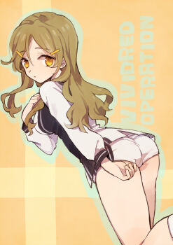 Rule 34 | 1girl, ass, brown hair, copyright name, eyelashes, hair between eyes, hand on own chest, long hair, long sleeves, looking back, orange background, orange eyes, parted lips, shinomiya himawari, shorts, solo, soto, very long hair, vividred operation, white shorts