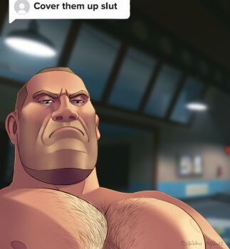 1boy bara blonde_hair chest_hair cover_them_up_slut_(meme) dialogue_box facial_hair game_screenshot_background large_pectorals male_focus mature_male meme muscular muscular_male nipples parody pectoral_focus pectorals saija_honkanen screenshot_background soldier_(tf2) solo stubble team_fortress_2 thick_eyebrows user_interface