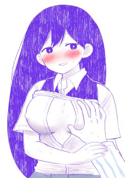 1boy 1girl :d \||/ alternate_breast_size_(larger) arm_at_side aroused bare_arms blue_shirt blush breasts bright_pupils cleavage clothes_lift collared_shirt colored_skin commentary_request covered_erect_nipples denim double-parted_bangs fingernails grabbing_another's_breast grey_pants grin groping guided_breast_grab guiding_hand hair_behind_ear hair_between_eyes half-closed_eyes hand_on_another's_wrist hero_(headspace)_(omori) hero_(omori) hetero highres holding_another's_wrist jeans long_hair long_sleeves looking_at_viewer mari_(headspace)_(omori) mari_(omori) medium_breasts nose_blush omori open_collar open_mouth pants paper_texture partially_unbuttoned pokoponpen pov pov_hands purple_eyes purple_hair purple_sweater_vest shirt short_sleeves simple_background smile solo_focus straight_hair striped_clothes striped_shirt sweat sweater_vest sweater_vest_lift two-tone_shirt upper_body vertical-striped_clothes vertical-striped_shirt very_long_hair white_background white_pupils white_shirt white_skin