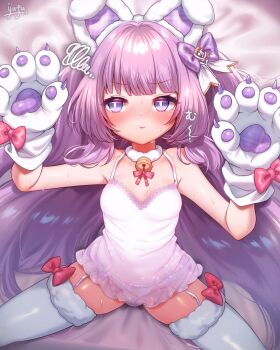 1girl :t alternate_costume animal_ears animal_hands azur_lane bell blue_eyes blush bow bow_panties breasts cat_ears cat_paws closed_mouth dress fake_animal_ears fur-trimmed_thighhighs fur_choker fur_trim gloves hair_bow highres jingle_bell long_hair looking_at_viewer lying neck_bell on_back panties paw_gloves pout purple_bow purple_hair see-through_clothes see-through_dress short_dress small_breasts solo spread_legs tashkent_(azur_lane) thighhighs underwear very_long_hair white_dress white_panties white_thighhighs yufukiri