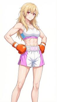 1girl abs absurdres blonde_hair breasts highres medium_breasts muscular muscular_female simple_background tagme thalyseuro white_background