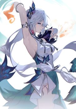 1girl absurdres arm_up armlet armpits blue_eyes breasts bridal_gauntlets cowboy_shot earrings fire fur_trim highres honkai:_star_rail honkai_(series) jewelry medium_breasts nail_polish necklace peacock_feathers_hair_ornament sasa_(sasa_ekakiman) single_earring sleeveless tassel white_background white_hair yao_guang_(honkai:_star_rail)