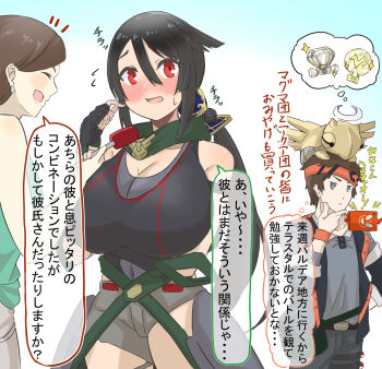 1boy 2girls breasts brendan_(pokemon) gabby_(pokemon) gen_4_pokemon highres hizakake huge_breasts multiple_girls nintendo pokemon pokemon_oras pokemon_rse rotom rotom_phone simple_background speech_bubble translation_request white_background zinnia_(pokemon)