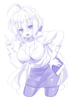 1girl ahoge am._(an_s21r) blue_theme breasts cleavage collarbone commentary_request cowboy_shot hand_on_own_hip highres index_finger_raised large_breasts leaning_forward long_hair monochrome pantyhose pencil_skirt pointing pointing_up purple_theme senki_zesshou_symphogear shirt_tucked_in skirt solo very_long_hair white_background yukine_chris