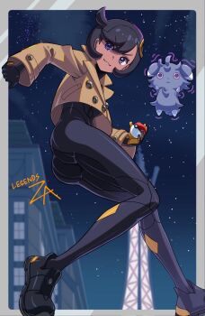 1girl :3 ass black_hair bodysuit dark-skinned_female dark_skin emma_(pokemon) espurr gen_6_pokemon gloves highres jacket night night_sky nintendo poke_ball pokemon pokemon_legends:_z-a purple_eyes pwgp6_tomato shoes short_hair sky star_(sky) starry_sky
