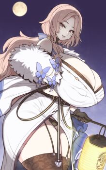 1girl areola_slip breasts brown_eyes cleavage covered_erect_nipples fur_trim garter_straps gloves goddess_of_victory:_nikke huge_breasts lantern long_hair looking_at_viewer ludmilla_(nikke) ludmilla_(winter_owner)_(nikke) mature_female otogi_tetsurou panties pantyshot smile solo tagme thick_thighs thighhighs thighs underwear