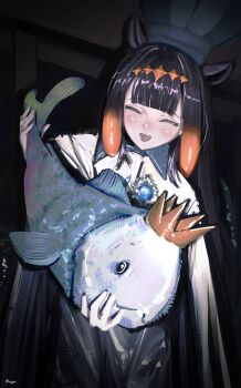 1girl ^_^ absurdres animal blunt_bangs center-flap_bangs cloak closed_eyes commentary crown english_commentary enigmatic_recollection facing_viewer fish floomf gradient_hair highres holding holding_animal holding_fish hololive hololive_english long_hair mole mole_under_eye multicolored_hair ninomae_ina'nis open_mouth orange_hair pointy_ears purple_hair sidelocks smile solo straight_hair tentacle_hair very_long_hair virtual_youtuber white_cloak