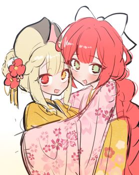 2girls absurdres alice_thymefield alternate_costume animal_ears blonde_hair bow braid braided_twintails commentary_request floral_print floral_print_kimono from_side green_eyes hair_bow hair_up heterochromia highres hug japanese_clothes kesiutu kimono long_hair looking_at_viewer multiple_girls open_mouth pink_kimono print_kimono rabbit_ears rabbit_girl red_eyes red_hair simple_background ukinami_yuzuha upper_body white_background yellow_eyes yellow_kimono zenless_zone_zero