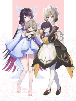 Rule 34 | 2girls, :o, absurdres, bare shoulders, black hair, blue eyes, blush, brown dress, brown hair, brown sleeves, character doll, closed eyes, closed mouth, columbina (genshin impact), commentary request, detached sleeves, doll, dress, full body, genshin impact, gloves, hair ornament, highres, holding, holding doll, long hair, long sleeves, multicolored hair, multiple girls, pantyhose, purple hair, sandrone (genshin impact), sleeveless, sleeveless dress, smile, standing, very long hair, white dress, white gloves, white pantyhose, wing hair ornament, yukiunag1