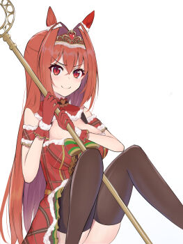 1girl animal_ears arm_garter between_thighs black_thighhighs bow bowtie breasts brown_hair c: closed_mouth commentary_request daiwa_scarlet_(scarlet_nuit_etoile)_(umamusume) daiwa_scarlet_(umamusume) detached_collar dress ear_covers feet_out_of_frame frilled_gloves frills fur-trimmed_collar fur-trimmed_dress fur-trimmed_gloves fur_trim gem gloves gold_tiara hair_intakes hands_up heart-shaped_gem highres holding holding_staff horse_ears horse_girl knees_up large_breasts light_blush long_hair looking_at_viewer official_alternate_costume official_alternate_hairstyle partial_commentary plaid_clothes plaid_dress red_dress red_eyes red_gemstone red_gloves santa_costume santa_dress sidelocks simple_background single_ear_cover sitting smile smug solo spread_legs staff straight_hair striped_bow striped_bowtie striped_clothes thighhighs tiara two-handed umamusume user_huhj7422 v-shaped_eyebrows very_long_hair white_background