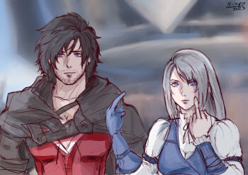1boy 1girl 2023 artist_name beard_stubble black_cloak black_hair blue_eyes blue_gloves blue_vest blurry blurry_background breasts clive_rosfield cloak derivative_work facial_hair final_fantasy final_fantasy_xvi gloves grey_hair hair_between_eyes herzloserengel jill_warrick long_hair medium_breasts middle_finger red_vest shirt short_hair stubble upper_body vest white_shirt