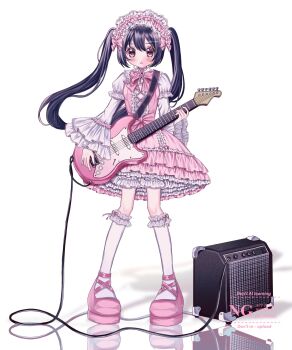 1girl accurate_lolita_coord amplifier black_hair bloomers blush bow breasts cable dress electric_guitar frilled_dress frilled_sleeves frills full_body guitar hairband highres holding holding_guitar holding_instrument instrument lolita_fashion lolita_hairband long_hair long_sleeves looking_at_viewer mary_janes original petticoat pink_bow pink_dress pink_shoes reflection shoes simple_background small_breasts socks solo standing sweet_lolita twintails underwear very_long_hair watermark white_background white_socks yuni_(s_ribbon)