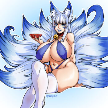 1girl animal_ears blue_eyes blue_hair blue_slingshot_swimsuit breasts cleavage commission crossed_legs cup erogeist eyebrows_hidden_by_hair fingernails fox_ears fox_tail holding holding_cup huge_breasts kitsune kyuubi lipstick long_fingernails long_hair looking_at_viewer makeup multicolored_hair multiple_tails nail_polish navel open_mouth original sakazuki sitting slingshot_swimsuit smile solo stomach swimsuit tail two-tone_hair