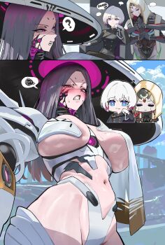 3girls absurdres altruia_(nikke) armor armored_bodysuit blue_eyes breasts cracked_face cyborg egovista_(nikke) extra_arms extra_eyes forehead_jewel gloves goddess_of_victory:_nikke grey_hair hat highres hood_(james_x) jingasa large_breasts liliweiss_(nikke) long_hair mechanical_neck multicolored_hair multiple_girls red_eyes robot_girl short_hair smile streaked_hair symbol-shaped_pupils teeth too_many_eyes white_hair