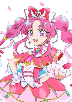 Rule 34 | 1girl, :d, absurdres, back bow, bare shoulders, blue bow, blunt bangs, blurry, blurry background, blush, bow, bowtie, braid, brooch, capelet, commentary, cure mystique, dress, earrings, falling petals, fingerless gloves, fingernails, glove bow, gloves, gold trim, hair bow, hair ornament, hand on own hip, heart, heart brooch, heart hair ornament, heart in eye, highres, impossible hair, index finger raised, jewelry, kobayashi mikuru, layered dress, long hair, looking at viewer, magical girl, medium dress, meitantei precure!, morishita (moricuremori), off-shoulder dress, off shoulder, open mouth, outstretched arm, pact holder, parted bangs, petals, pink bow, pink bowtie, pink capelet, pink dress, pink gloves, pink hair, pleated dress, pointing, pointing at viewer, pouch, precure, purple eyes, red bow, sidelocks, simple background, sleeveless, sleeveless dress, smile, solo, standing, symbol in eye, teeth, thick eyebrows, twin braids, upper body, upper teeth only, very long hair, white background, wing hair ornament