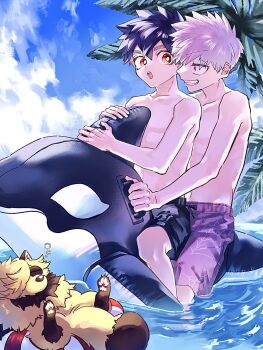 3boys highres inugami_kohachi kemono_jihen kusaka_kabane male_focus male_swimwear multiple_boys palm_tree red_eyes short_hair swim_trunks tademaru_shiki thick_eyebrows topless_male tree wao_(77_af5) water
