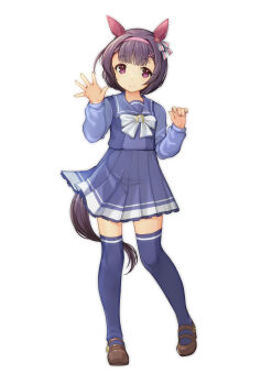 Rule 34 | 1girl, absurdres, animal ears, black hair, bob cut, bow, commentary request, ear covers, full body, hairband, highres, horse ears, horse girl, horse tail, nishino flower (umamusume), pink hairband, pleated skirt, purple sailor collar, purple shirt, purple skirt, purple thighhighs, red eyes, sailor collar, sailor shirt, school uniform, shirt, short hair, skirt, smile, solo focus, t-shirt, tail, thighhighs, tracen school uniform, umamusume, waving, white bow, winter uniform, yashin (yasinz)