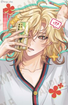 1boy ? ?? blonde_hair cellphone genshin_impact hair_between_eyes haryu_chee holding holding_pencil holding_phone kaveh_(genshin_impact) long_hair male_focus one_eye_closed pajamas pencil phone red_eyes smartphone solo white_pajamas