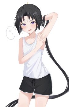1boy arm_up armpits black_hair black_shorts blush collarbone commentary_request cowboy_shot highres houjou_tokiyuki_(nige_jouzu_no_wakagimi) long_hair looking_at_viewer male_focus nige_jouzu_no_wakagimi parted_bangs ponytail purple_eyes short_shorts shorts simple_background solo spread_armpit tank_top tekenoko tongue tongue_out trap very_long_hair white_background white_tank_top