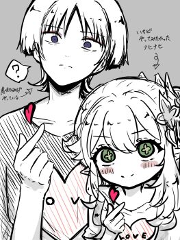 1boy 1girl ? alternate_costume blunt_ends blush_stickers casual closed_mouth collarbone contemporary cross-shaped_pupils double-parted_bangs english_text eyelashes eyeliner eyeshadow finger_heart genshin_impact green_eyes green_pupils grey_background hair_between_eyes hair_ornament half_crown_braid hand_up heart heart_print height_difference highres imitating leaf leaf_hair_ornament looking_at_viewer makeup nahida_(genshin_impact) partially_colored pon_oi4 purple_eyes red_eyeliner red_eyeshadow scaramouche_(genshin_impact) shirt sidelocks smile split_mouth spoken_question_mark symbol-shaped_pupils tareme translation_request v-neck wide-eyed wispy_bangs